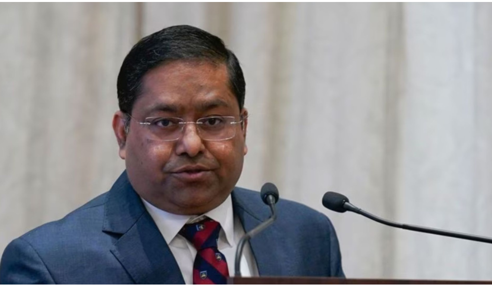 “Randhir Jaiswal, official spokesperson of India’s Ministry of External Affairs, at a press podium responding to questions about India’s policy on the Bangladesh elections.”